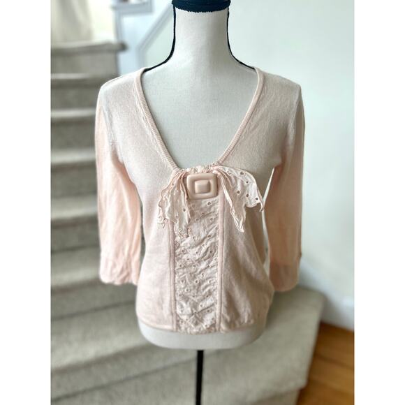 Field & Flower Light Pink Wool/Angora/Cashmere Blend Eyelet Twee Sweater - Picture 1 of 7